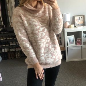 Pink and White Cowl Neck Cheetah Sweater